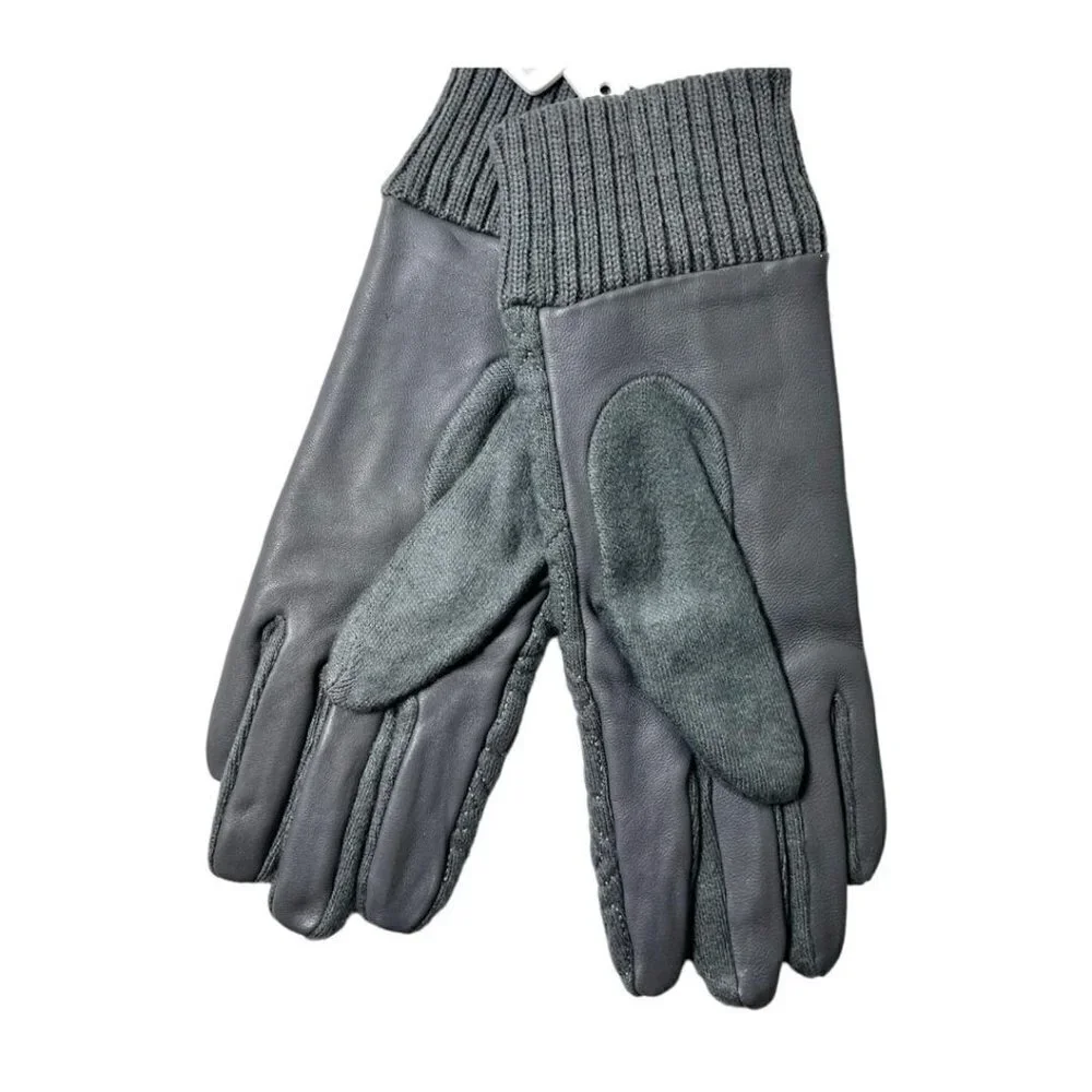 Michael Kors Logo Womens Gray Quilted Knit Leather Trim Gloves Sz M New
